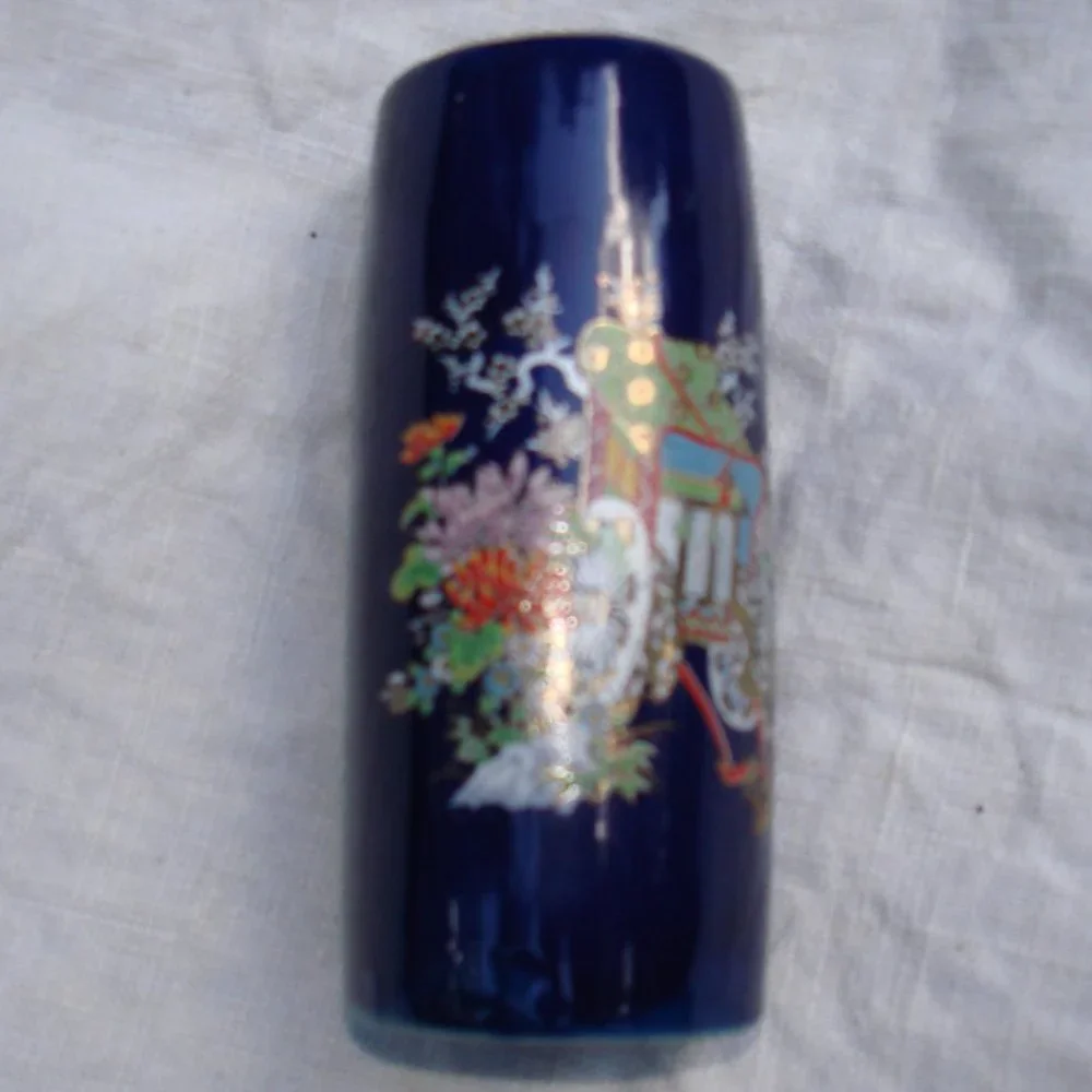 Blue Bud Vase Japan Vintage Porcelain Glass Gold Leaf Home Decor Small Vases VTG - Picture 7 of 10